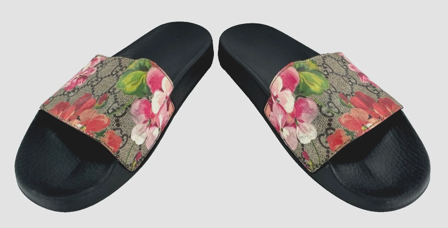 Gucci Femmes Auth 6 US 36 EU Supreme Monogramme Rose Blooms Slides Sandales Chaussures