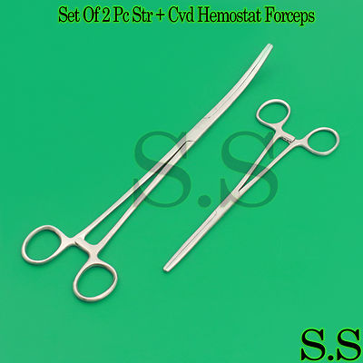 New 2pc Set 7'' Str +16'' Cvd Hemostat Forceps Locking Clamps Stainless Steel