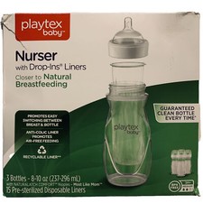3 Playtex Baby Nurser Bottles 3 Months Med- with 15 Drop-Ins Liners Bags