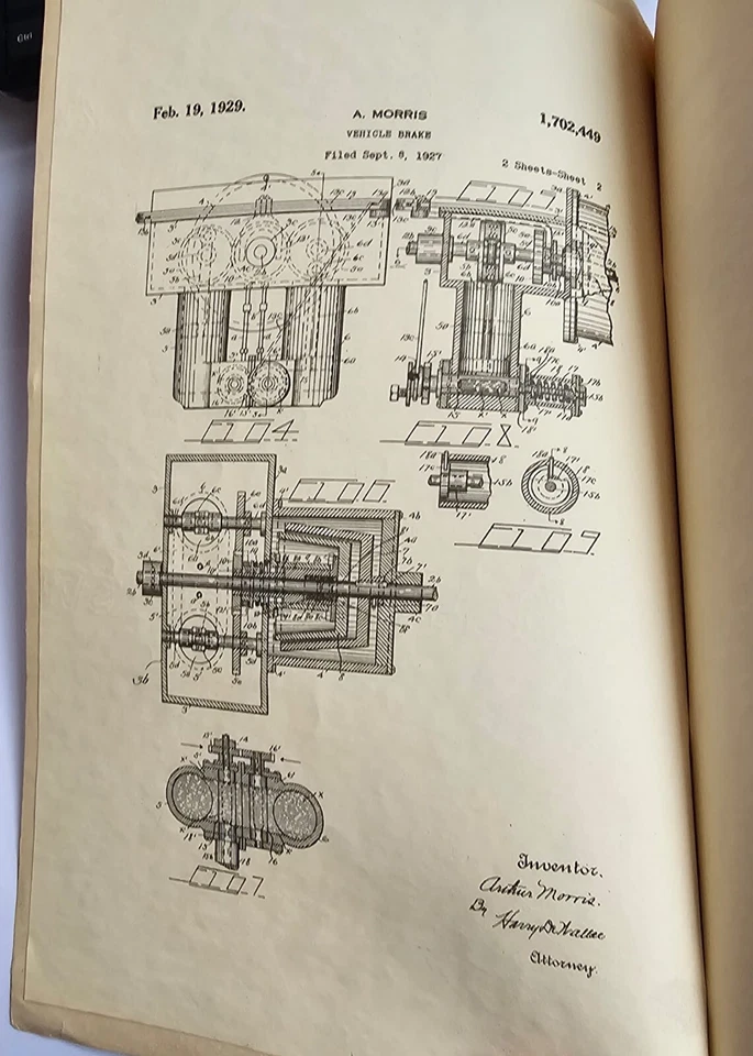 Documento de patente oficial original de Estados Unidos de 1929 para frenos de vehículo por Arthur Morris Foto 2 de 4