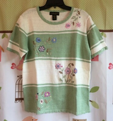 Women’s Salon Studio Haband Embroidered Short Sleeve Sweater, Medium