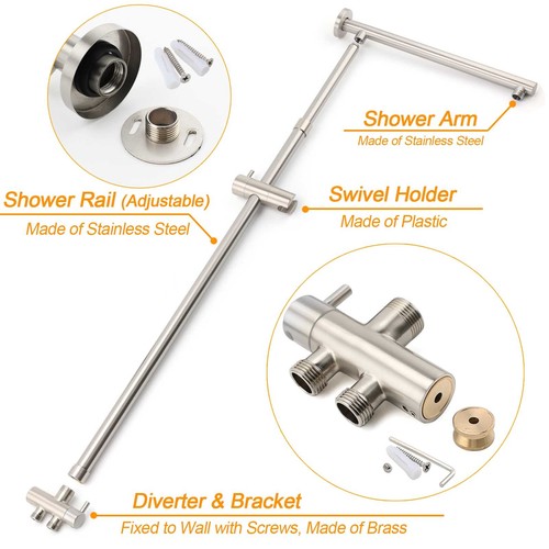 KYLINS Brushed Nickel Round Rain Head Handheld Shower Rail Arm Mixer Tap Spout - Picture 17 of 103