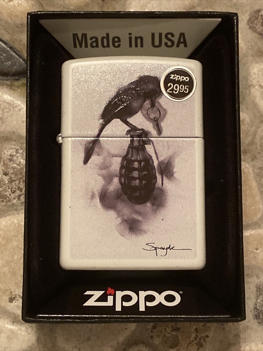 Zippo 29645 Spazuk Grenade Black Crow Bird White Matte Lighter