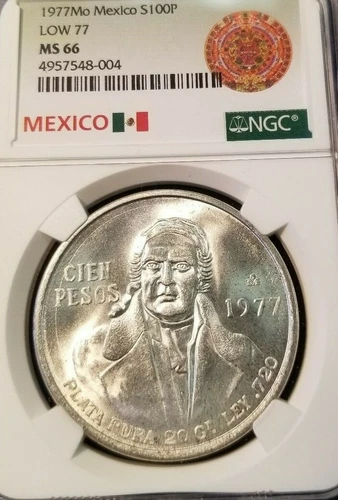 1977 MEXICO SILVER CIEN PESOS S100P LOW 77 VARIETY NGC MS 66 FROSTY GEM BLAZER