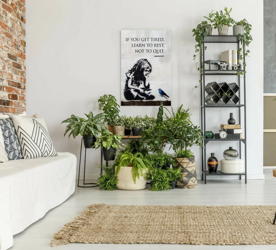 BANKSY GIRL BLUE BIRD QUOTE LEARN TO REST CANVAS WALL ART PRINT GRAFFITI PORT - Image 4 of 4