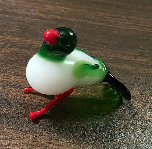 Vintage Murano Style Lampwork Glass Parrot  Bird Minature Green White 1" x 1.5"