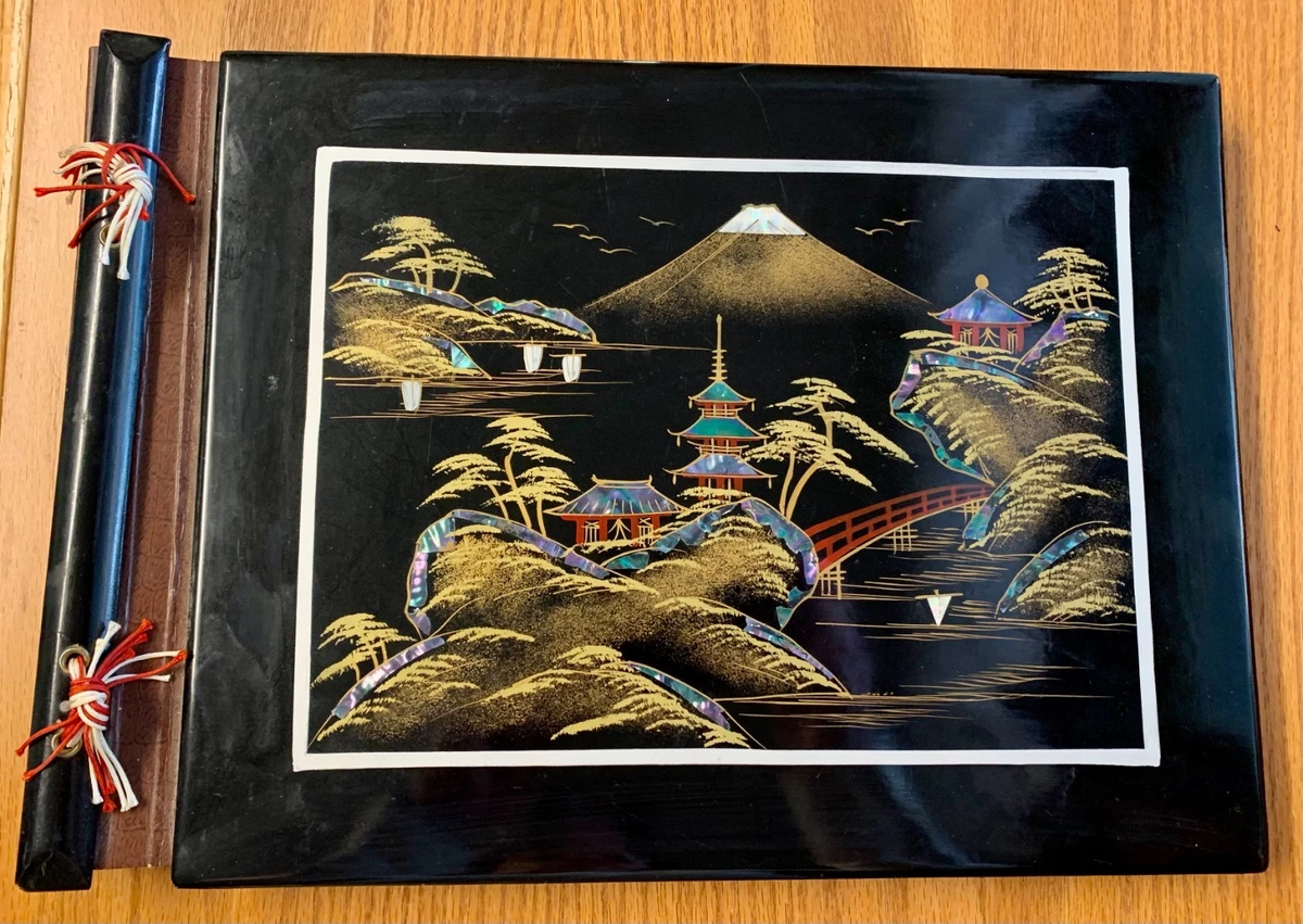 Vintage Black Lacquered Mt Fuji Japan Hand Painted Photo Album