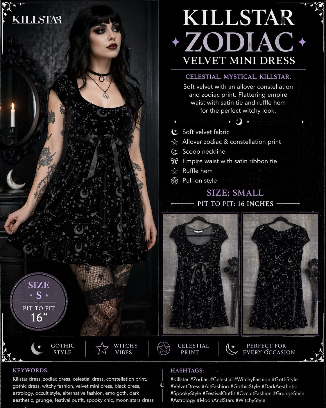 Killstar Zodiac Constellation Velvet Mini Dress Black Gothic Size Small