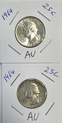((2)) 1964 Washington Quarter 25C Silver AU Business Strike Coin