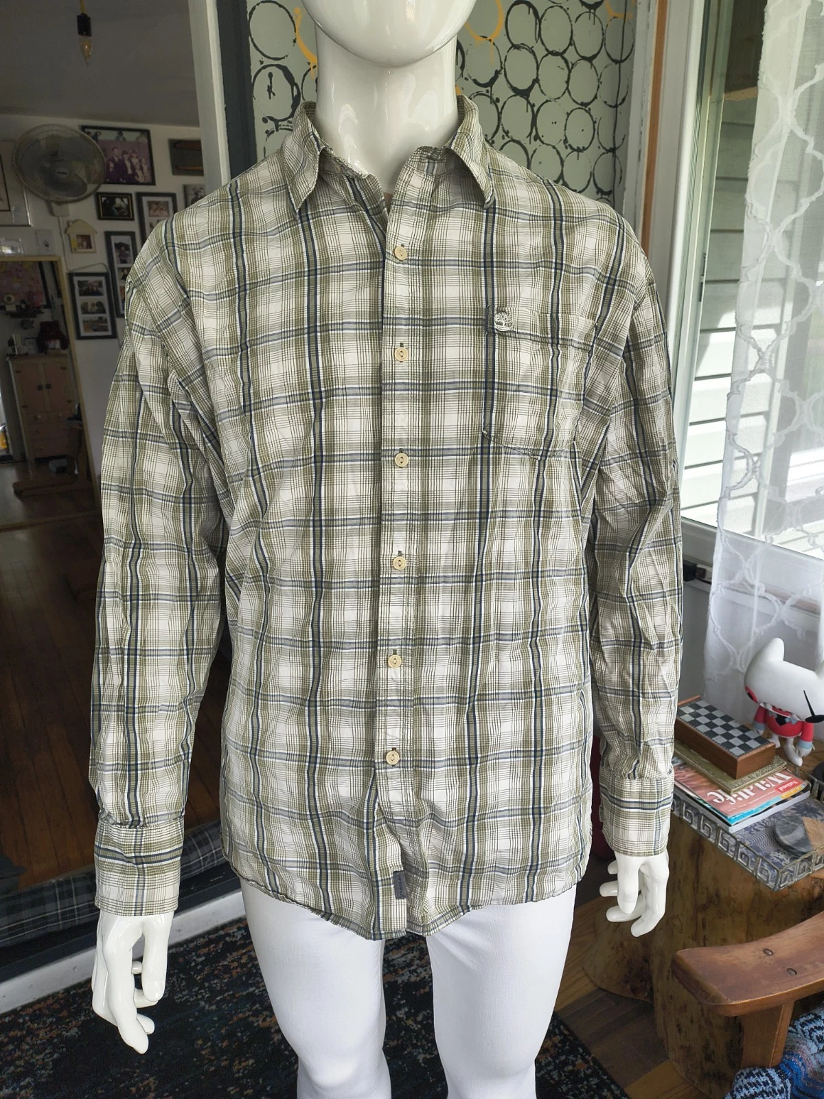 Timberland Men’s Long Sleeve Button Up Green Plaid Dress Shirt Size XL Cotton