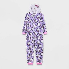 Hello Kitty Fleece Pajamas Suit Purple Zipper Sleeper Size M 7/8 