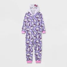 Hello Kitty Fleece Pajamas Suit Purple Zipper Sleeper (Size M 7/8)