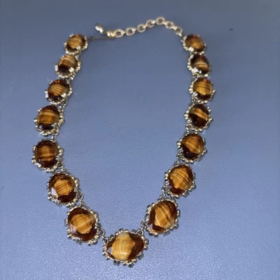 Vintage 1960s SPHINX banded agate givre glass RIVIERE NECKLACE gold tone EVENING - Image 1 of 4