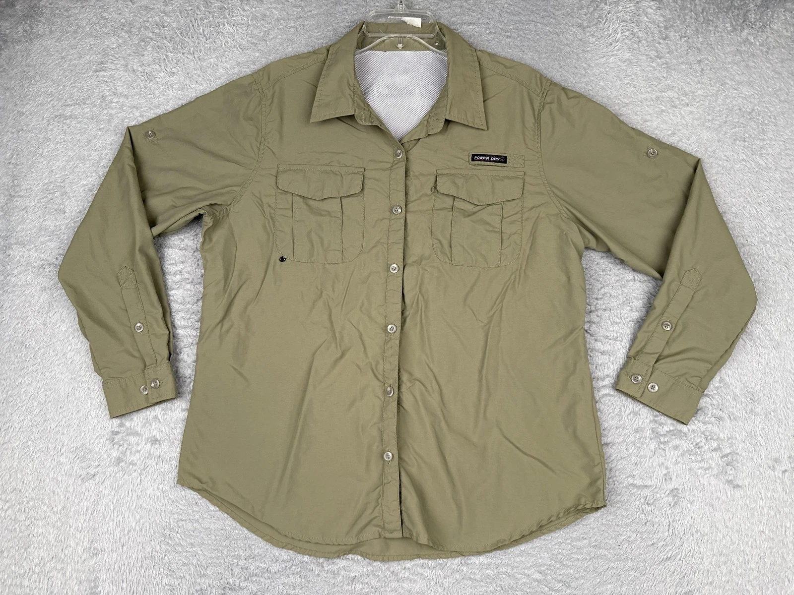 Power Dry HD Shirt Womens Large Green Long Sleeve Button Fishing Hiking Vented