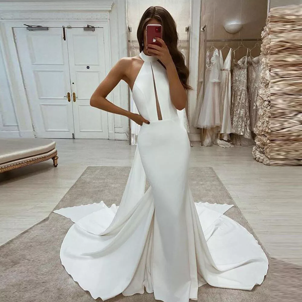 Simple Mermaid Wedding Dress White Halter Neck Sleeveless Long Train Bridal  Gown