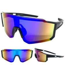 Oversized 90's RETRO SPORTY WRAP AROUND Style SUN GLASSES Black Frame Blue Lens