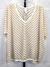 Chinco's V-Neck Striped Sheer Top Tan & White Plus Size 1 3/4 Sleeve