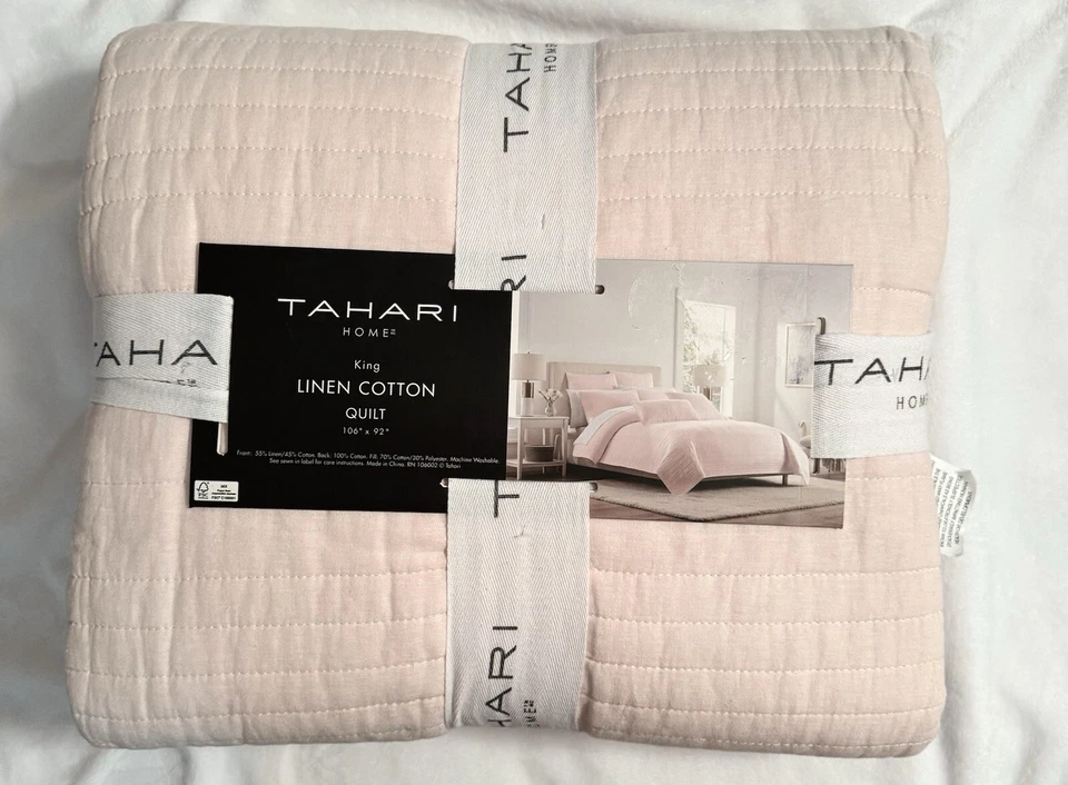 Tahari King Edredón Rubor Rosa Lino Algodón 106x92 Cobertor Ropa de Cama de Casa NUEVO Foto 4 de 4