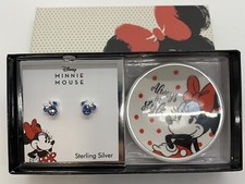 DISNEY Minnie Mouse Blue Crystal Sterling Silver Stud Earrings w/trinket dish
