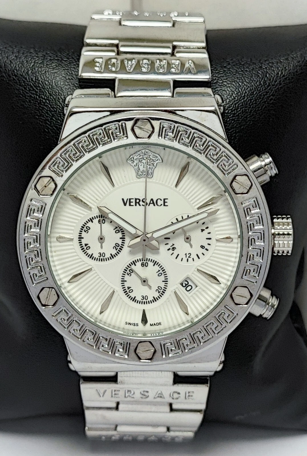 Orologio da Polso Lusso Versace Cronografo Uomo Quadrante Bianco Cinturino Acciaio Quarzo