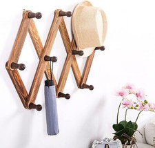 10 Hook Torched Wood Wall Mounted Expandable Accordion Peg Coat Rack Hanger