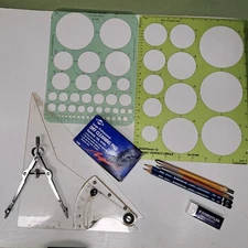 VTG Drafting Tools Lot Adjustable Triangle Compass Templates Pencils engineer