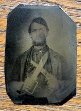 Antique Civil War Tintype Photo - Soldier w/ Gun & D Guard Bowie Knife