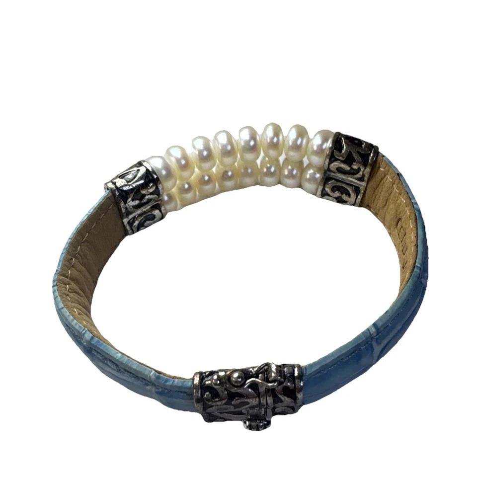 "Brazalete con correa de cuero azul perla de agua dulce vintage Honora de plata esterlina de 7""" Foto 2 de 4