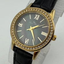 Lucien Piccard Quartz Watch Women 30m Gold Tone Steel Abalone Leather New Batter