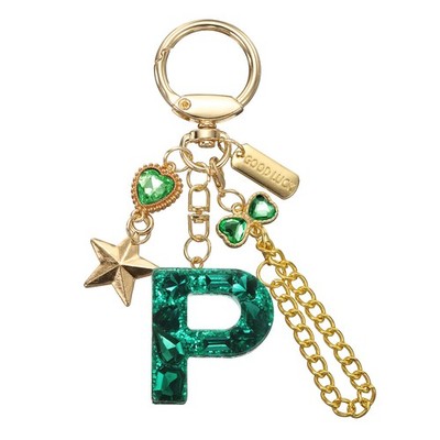 Initial Letter Keychain for Women Cute Heart Butterfly Star Chain Green (P)