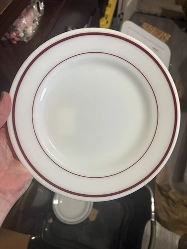 CORNING Pyrex Milk Glass 9" Dinner Plate Red Burgundy Stripe- set of 10
