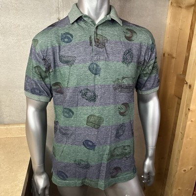 Vtg Gant Fishing Print Polo Shirt Men s M Medium Green Striped AOP All Over