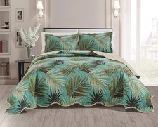 3-Piece Fine Printed Tropical Palm Leaves Oversize (115" X 95") Quilt Set, Be...