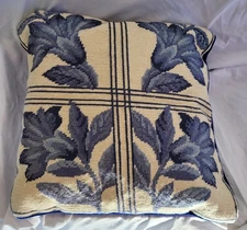 Vintage Blue Floral Tapestry Throw Pillow Wool Velveteen Back Bed Living Room 