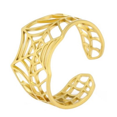 Gothic Spider Web Ring Womens Gold Stainless Steel Cybergoth Tarantula Band