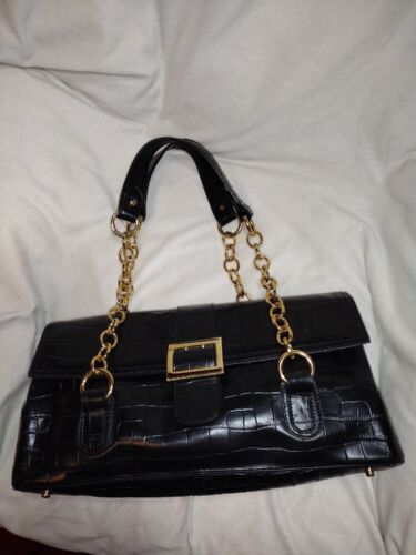 THE FIND Black Croco Embossed Leather Handbag Purs
