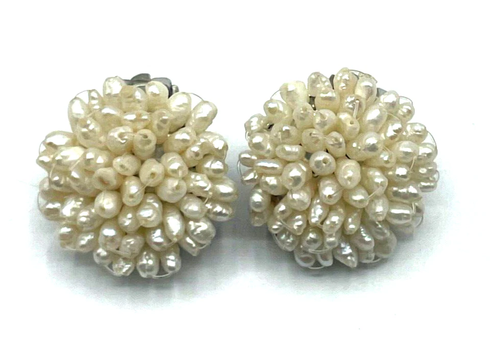 Gr. Ohrringe Ohrclips Clips echte Perlen Handarbeit 70er Jahre Ø 22 mm gepflegt - Bild 3 von 4