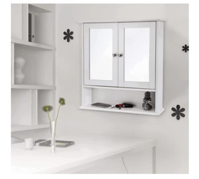 Bathroom Wall Cabinet Storage 2 Door Mirrored Cupboard MDF Shelves Vanity Unit