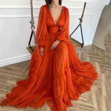 Pleat Tulle Princess Prom Gown V-Neck Evening Gown Dress Women Wedding Party