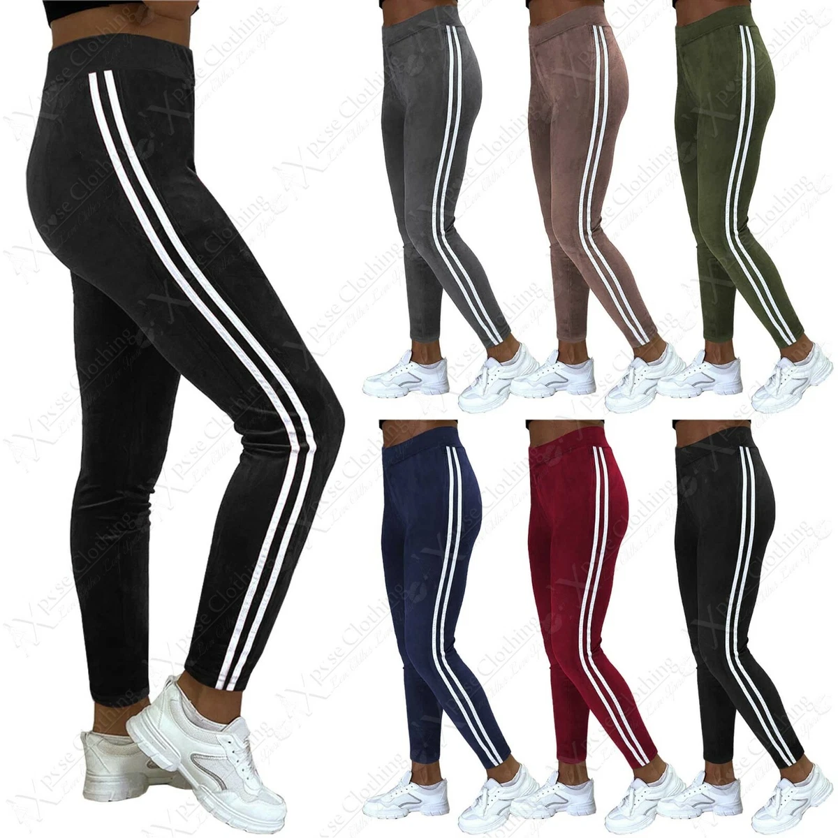 NEW LADIES VELVET STRIPE LEGGINGS WOMENS CASUAL PANTS LOUNGEWEAR LOOK  TROUSERS