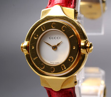 【EXC+5】 Vintage GUCCI 6600L Bangle Watch Gold Quartz Red Band Women's From JAPAN