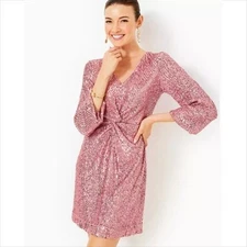 Lilly Pulitzer Estrella sequin dress Conch shell pink bubble hem sleeve twist 10