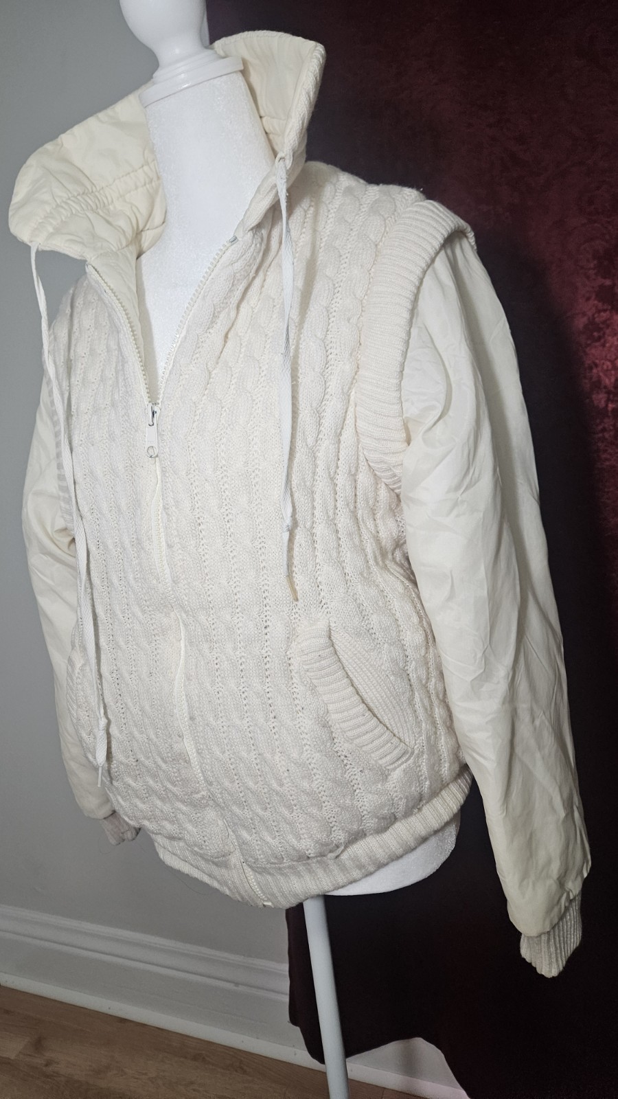 Ivory Cable Knit Zip Drawstring Collar Ribbed Poc… - image 6