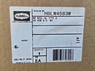 Hubbell HBLW4583W Heavy Duty Cable Reel 45' SOW 8/3 White Steel UL Type 4