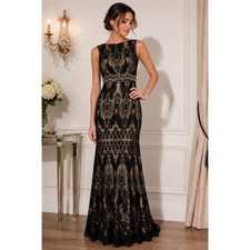 Vintage Dave & Johnny Black Lace Beaded Mermaid Maxi Gown Formal Prom Dress 1/2