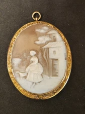 Antique Cameo Rebecca at the Well Walking Dog Gold Filled Pin or Pendant