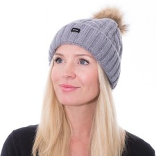 Bobble Hat Knitted Ladies Pom Pom Cable Knit 2 in 1 Beanie Gift - Grey
