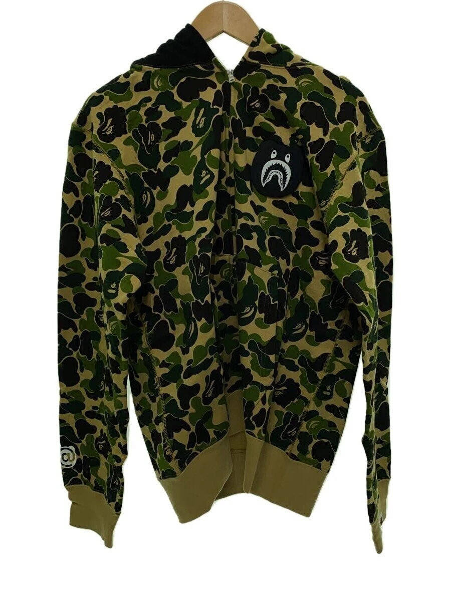 A BATHING APE (BAPE) Felpa con cappuccio e zip intera BAPE A Bathing Ape Be Rbrick XL verde mimetico squalo #ED AZA