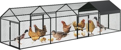 Large Chicken Coop Walk-in Metal Chicken Run w/ 4 Doors & Waterproof Cover Black