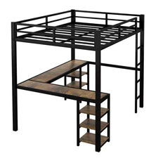 Modern Industrial Black Full Size Loft Bed with Desk and Storage Shelves Meta...